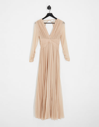 ASOS DESIGN Bridesmaid ruched waist maxi dress with long sleeves and pleat skirt in light pink