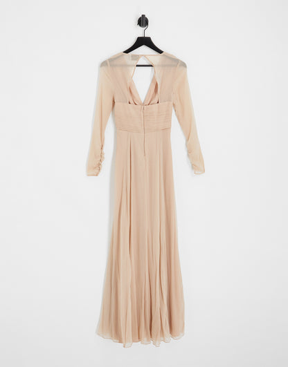 ASOS DESIGN Bridesmaid ruched waist maxi dress with long sleeves and pleat skirt in light pink