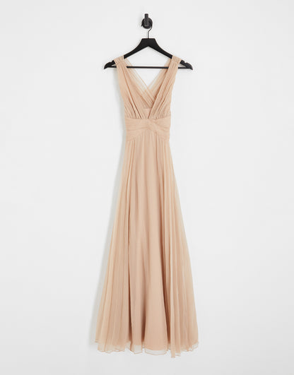 ASOS DESIGN Bridesmaid ruched bodice drape maxi dress with wrap waist in blush