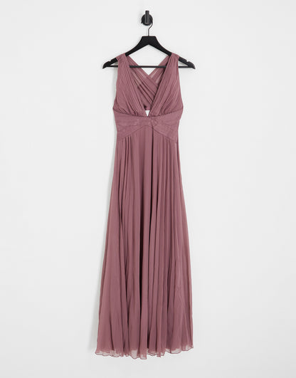 ASOS DESIGN Bridesmaid ruched bodice drape maxi dress with wrap waist in mauve