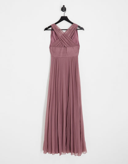 ASOS DESIGN Bridesmaid ruched bodice drape maxi dress with wrap waist in mauve