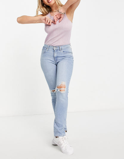 Levi's 724 high rise ripped straight jean in light wash