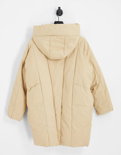 Bershka oversized long line padded coat in camel