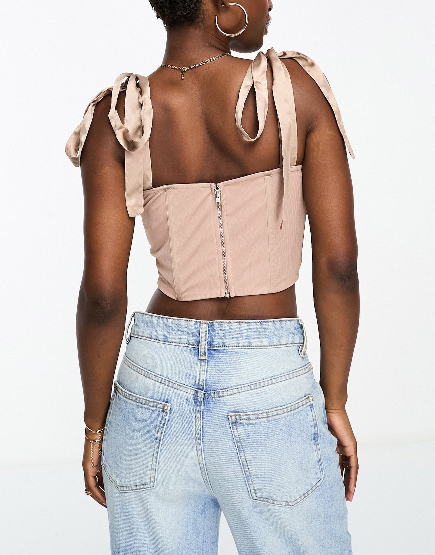 Lace & Beads exclusive tie shoulder corset top in mink