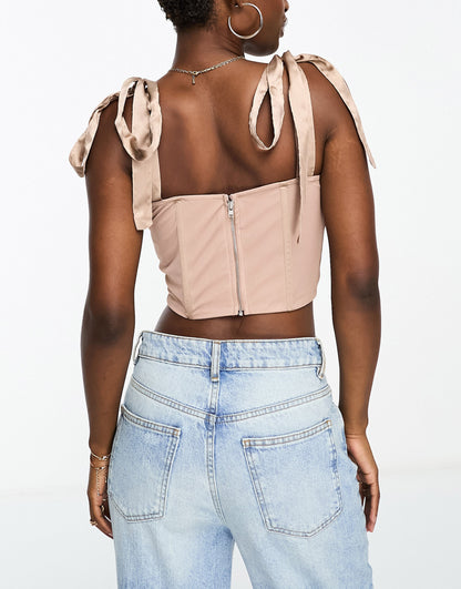 Lace & Beads exclusive tie shoulder corset top in mink