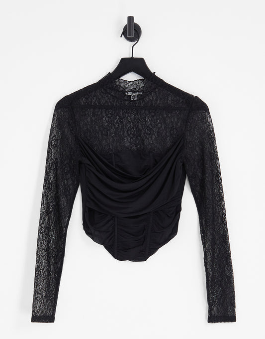 Topshop lace wrap front corset long sleeve top in black