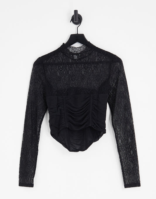 Topshop lace wrap front corset long sleeve top in black