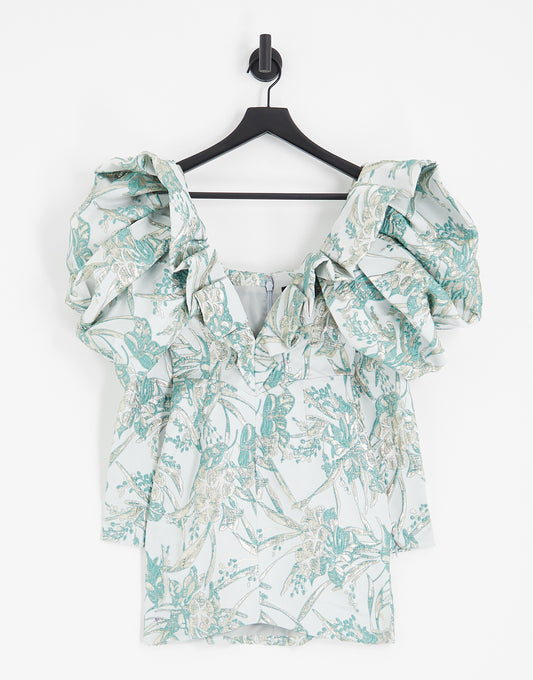 ASOS LUXE jacquard mini dress with pleated puff sleeve in pale blue