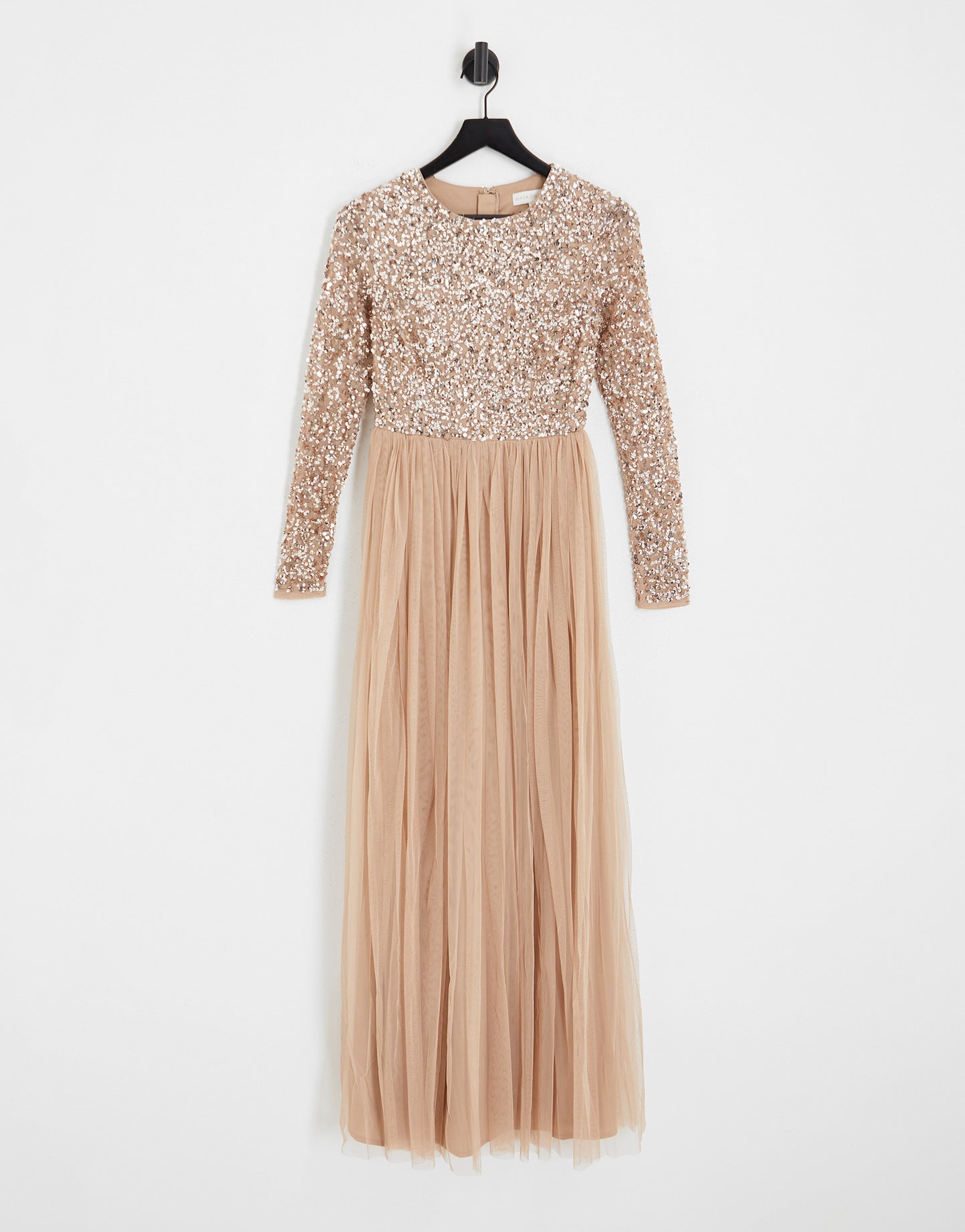 Maya Bridesmaid long sleeve maxi tulle dress with tonal delicate sequin in muted blush