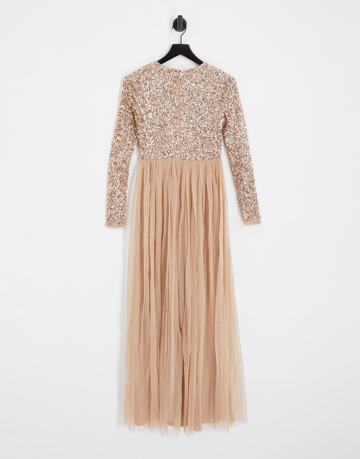 Maya Bridesmaid long sleeve maxi tulle dress with tonal delicate sequin in muted blush