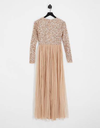 Maya Bridesmaid long sleeve maxi tulle dress with tonal delicate sequin in muted blush