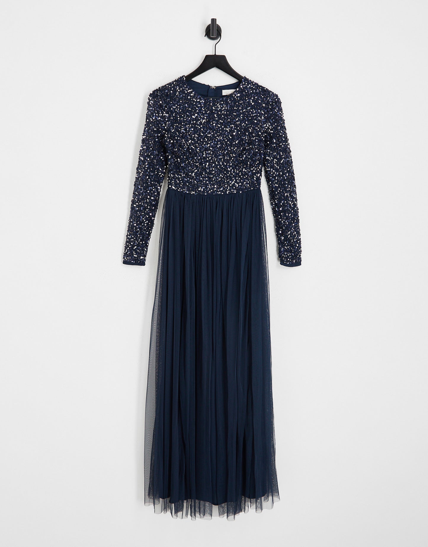 Maya Bridesmaid long sleeve maxi tulle dress with tonal delicate sequin in navy