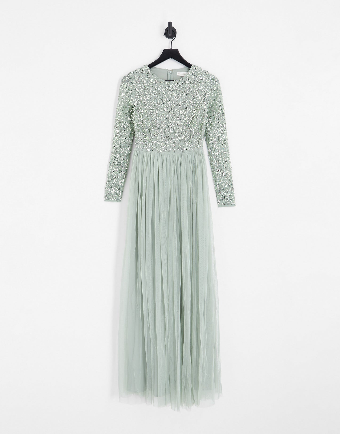 Maya Bridesmaid long sleeve maxi tulle dress with tonal delicate sequin in sage green