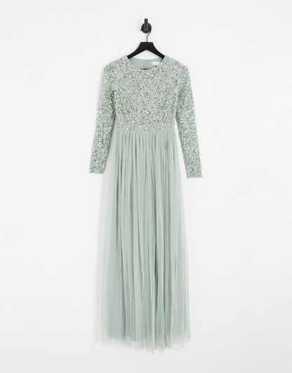 Maya Bridesmaid long sleeve maxi tulle dress with tonal delicate sequin in sage green