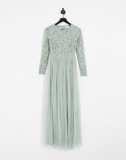 Maya Bridesmaid long sleeve maxi tulle dress with tonal delicate sequin in sage green