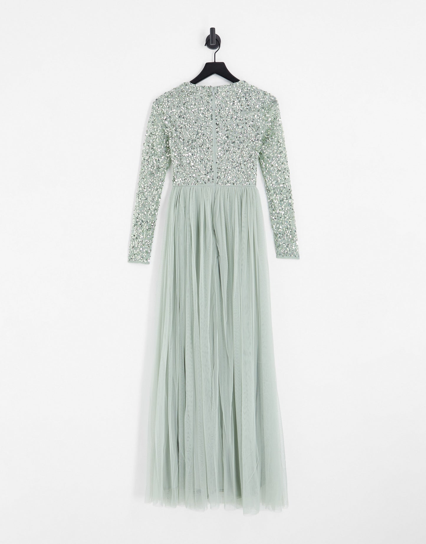 Maya Bridesmaid long sleeve maxi tulle dress with tonal delicate sequin in sage green