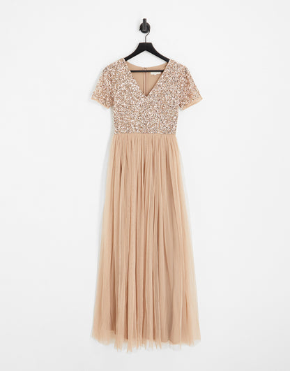 Maya Bridesmaid short sleeve maxi tulle dress with tonal delicate sequins in muted blush