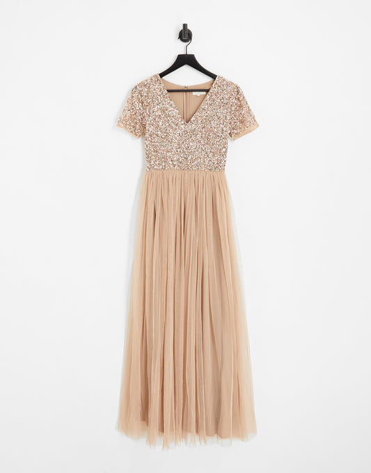 Maya Bridesmaid short sleeve maxi tulle dress with tonal delicate sequins in muted blush