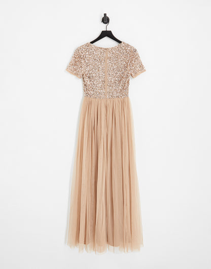 Maya Bridesmaid short sleeve maxi tulle dress with tonal delicate sequins in muted blush