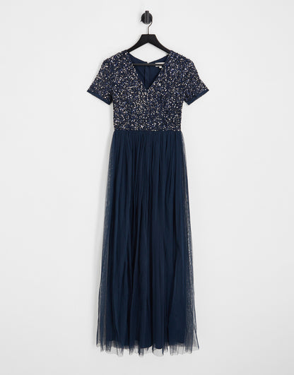 Maya Bridesmaid short sleeve maxi tulle dress with tonal delicate sequins in navy