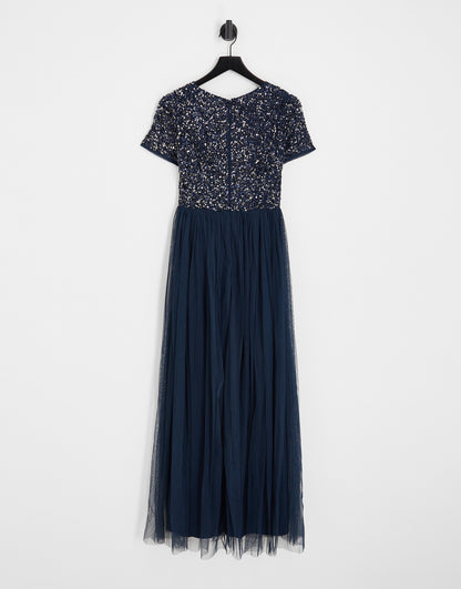 Maya Bridesmaid short sleeve maxi tulle dress with tonal delicate sequins in navy