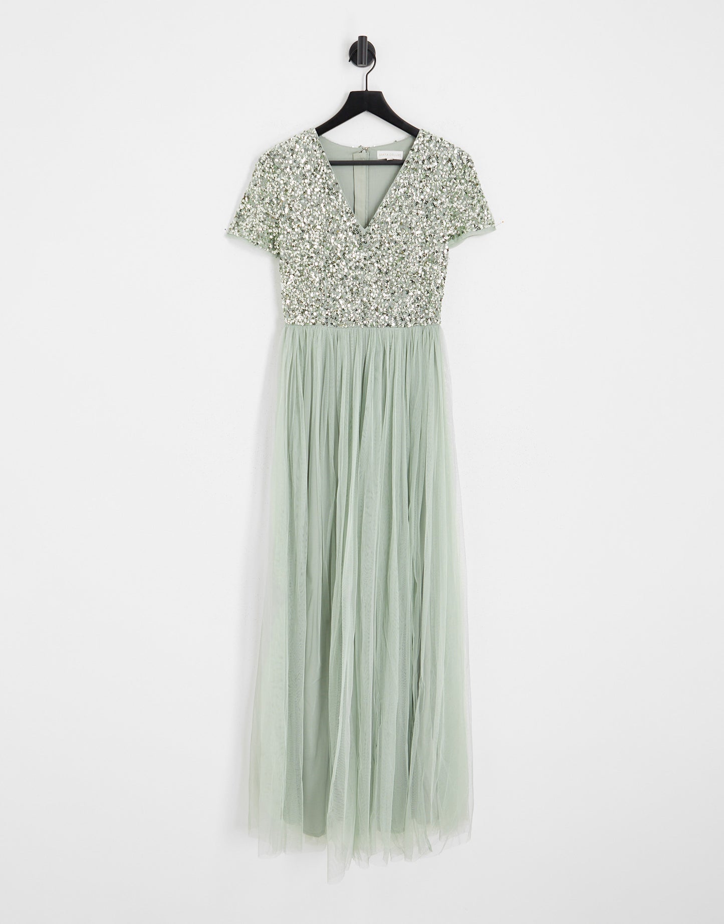 Maya Bridesmaid short sleeve maxi tulle dress with tonal delicate sequins in sage green