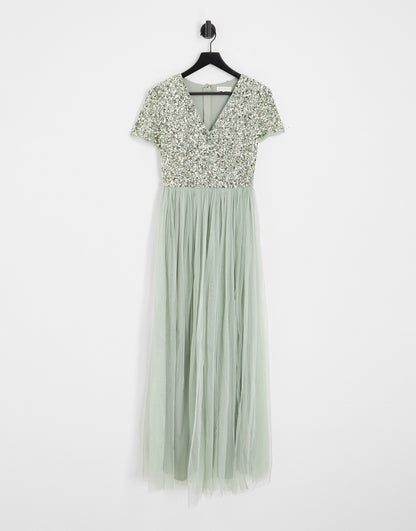 Maya Bridesmaid short sleeve maxi tulle dress with tonal delicate sequins in sage green