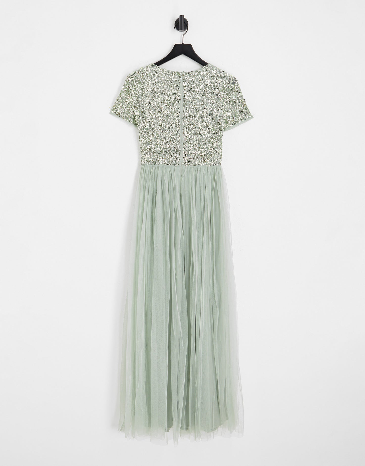 Maya Bridesmaid short sleeve maxi tulle dress with tonal delicate sequins in sage green