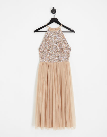 Maya Bridesmaid halter neck midi tulle dress with tonal delicate sequins in muted blush