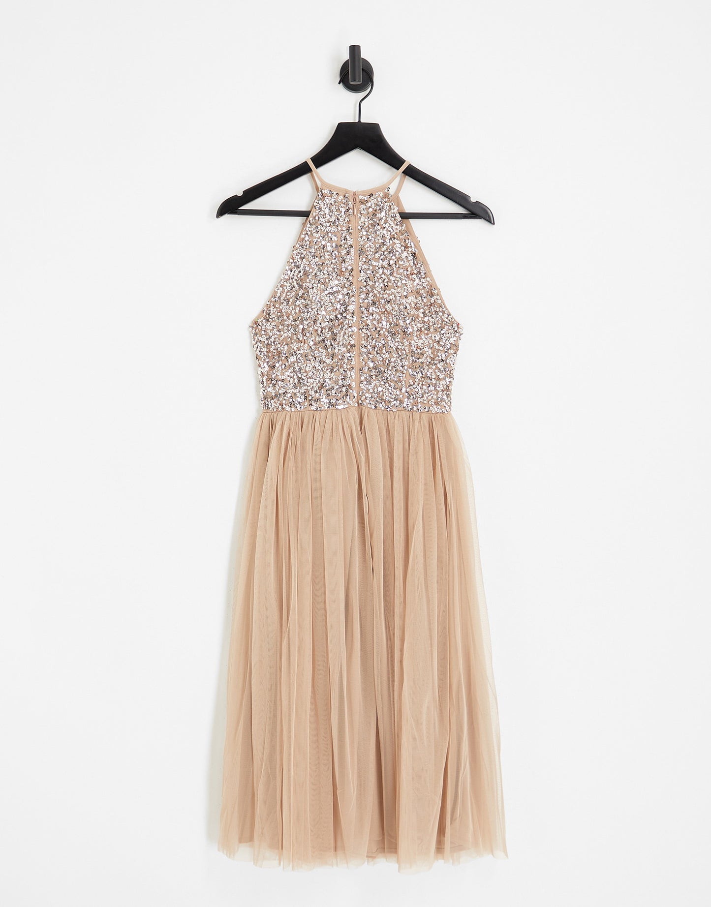 Maya Bridesmaid halter neck midi tulle dress with tonal delicate sequins in muted blush