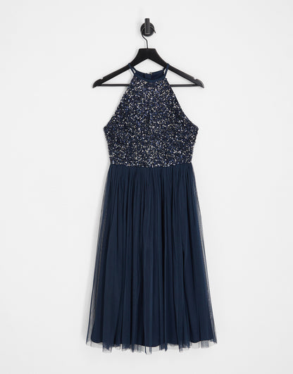 Maya Bridesmaid halter neck midi tulle dress with tonal delicate sequins in navy