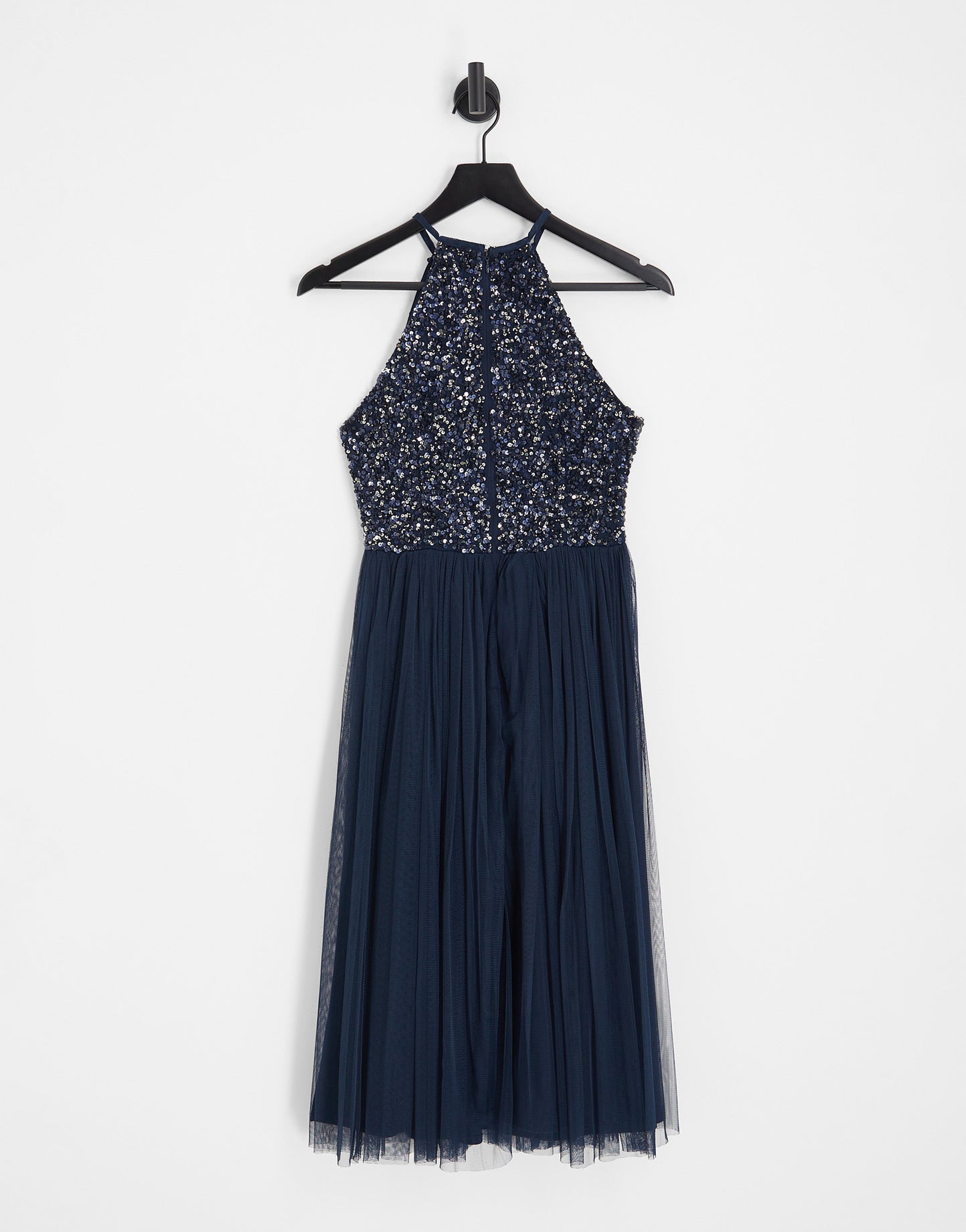 Maya Bridesmaid halter neck midi tulle dress with tonal delicate sequins in navy