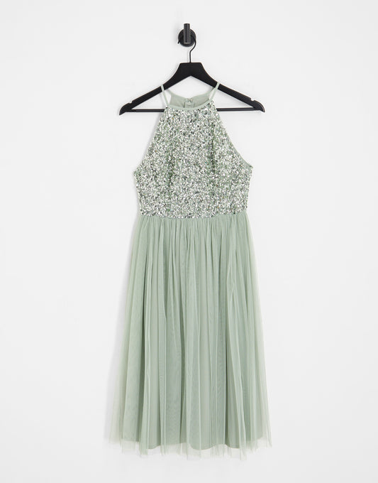 Maya Bridesmaid halter neck midi tulle dress with tonal delicate sequins in sage green