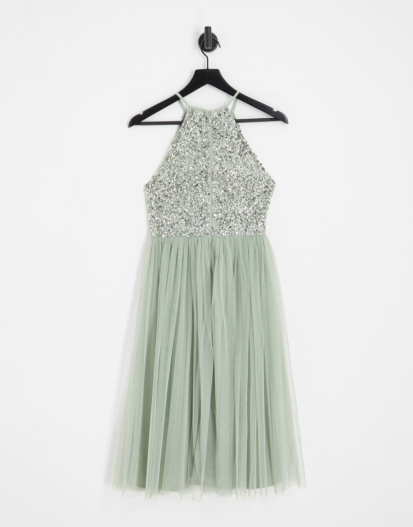 Maya Bridesmaid halter neck midi tulle dress with tonal delicate sequins in sage green