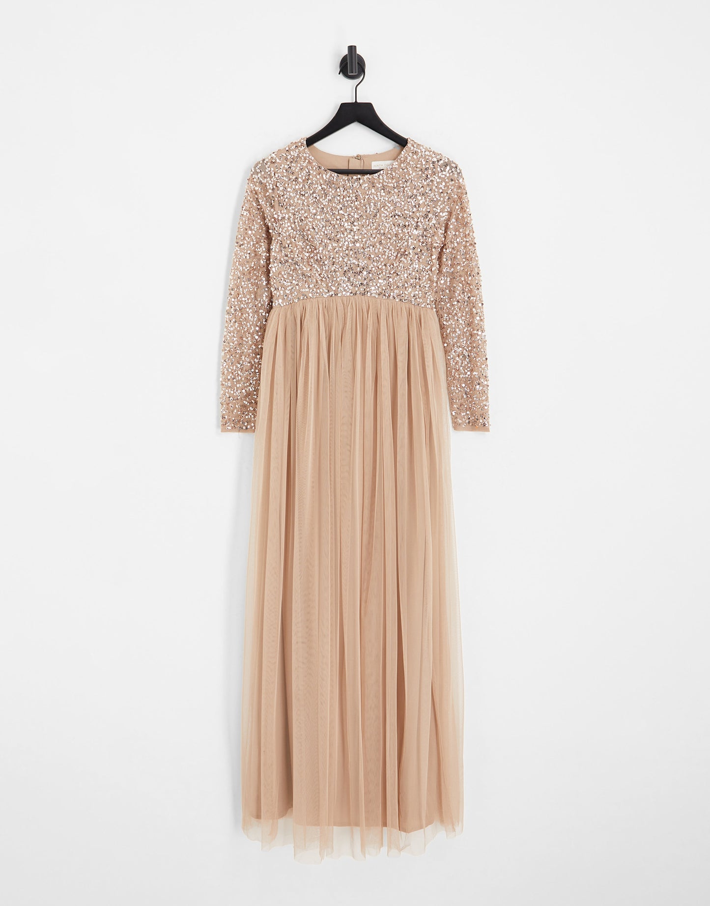 Maya Maternity Bridesmaid long sleeve maxi tulle dress with tonal delicate sequin in muted blush