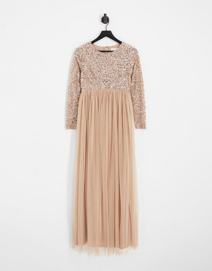 Maya Maternity Bridesmaid long sleeve maxi tulle dress with tonal delicate sequin in muted blush