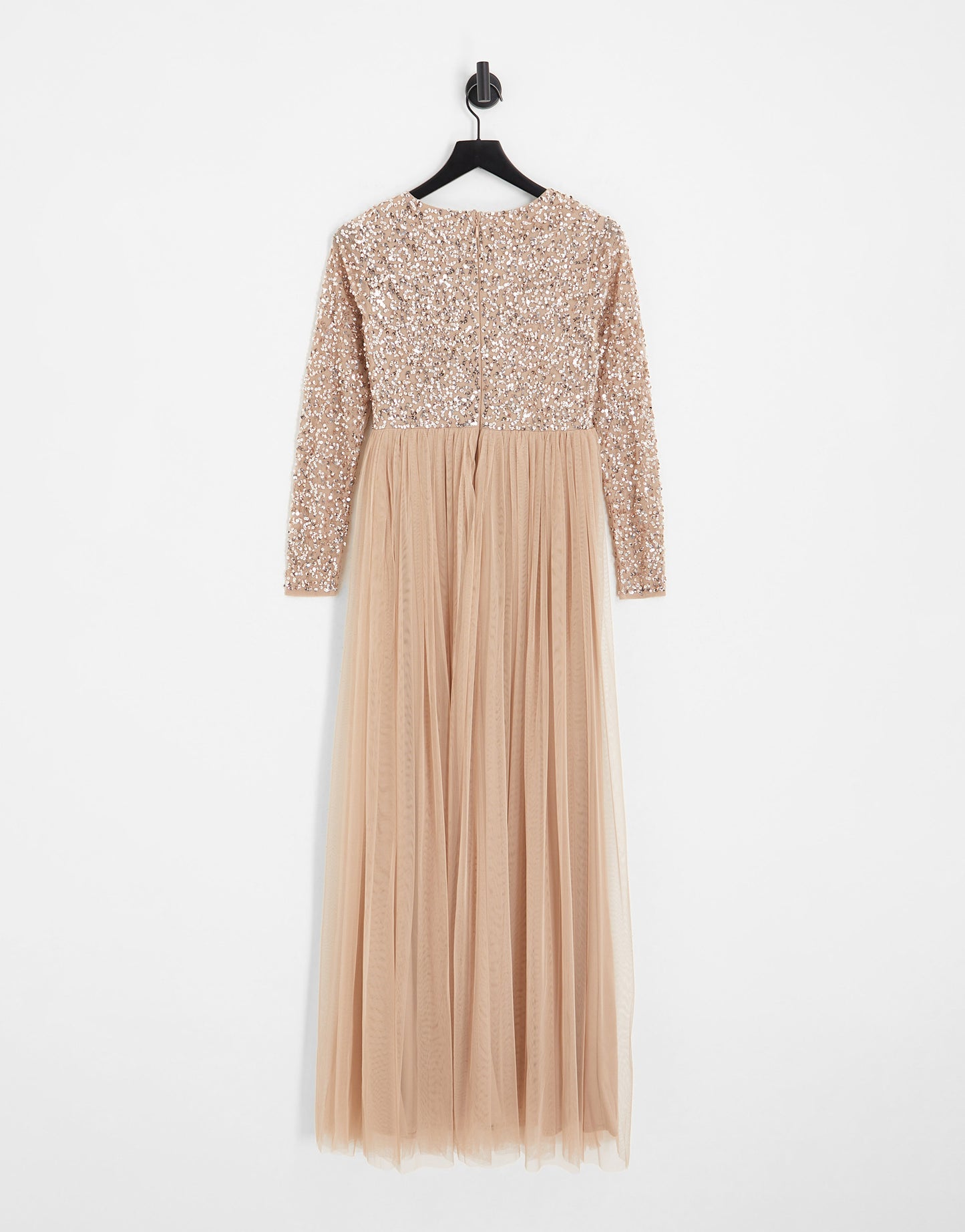 Maya Maternity Bridesmaid long sleeve maxi tulle dress with tonal delicate sequin in muted blush