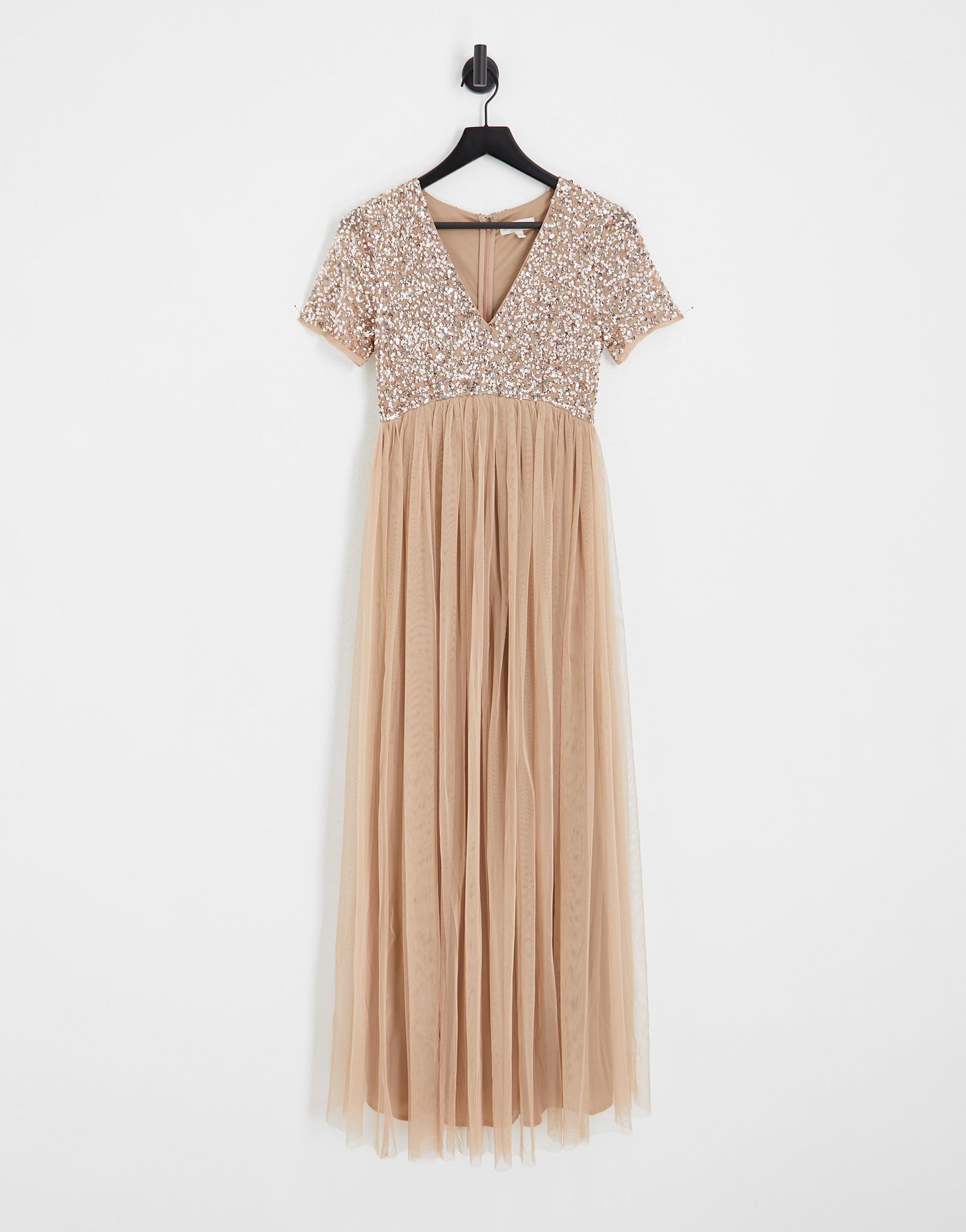 Maya Maternity Bridesmaid short sleeve maxi tulle dress with tonal delicate sequins in muted blush