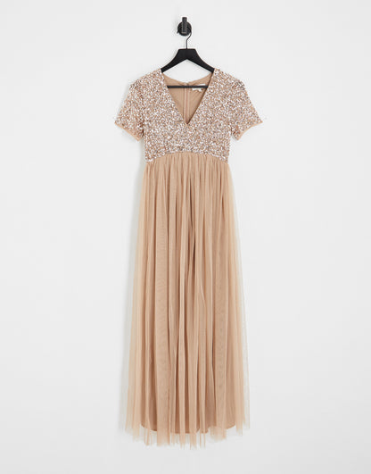 Maya Maternity Bridesmaid short sleeve maxi tulle dress with tonal delicate sequins in muted blush