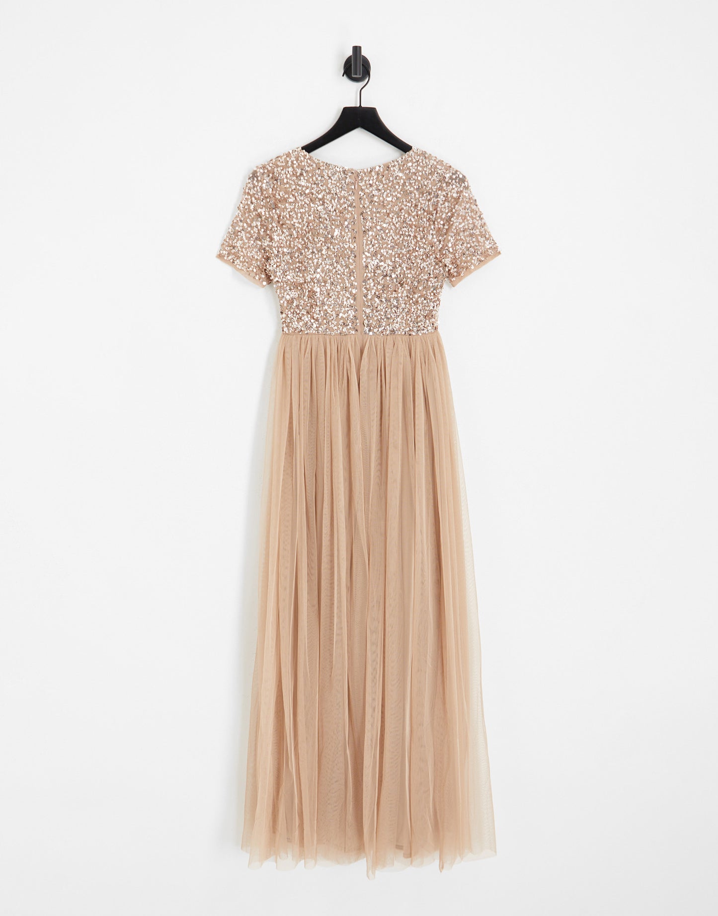 Maya Maternity Bridesmaid short sleeve maxi tulle dress with tonal delicate sequins in muted blush