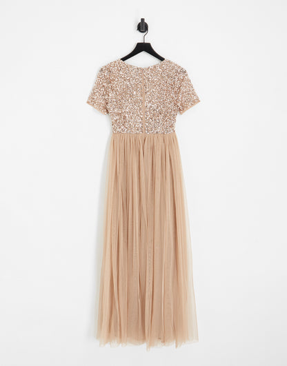 Maya Maternity Bridesmaid short sleeve maxi tulle dress with tonal delicate sequins in muted blush