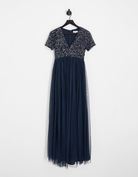 Maya Maternity Bridesmaid short sleeve maxi tulle dress with tonal delicate sequins in navy