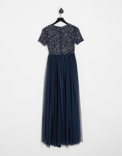 Maya Maternity Bridesmaid short sleeve maxi tulle dress with tonal delicate sequins in navy