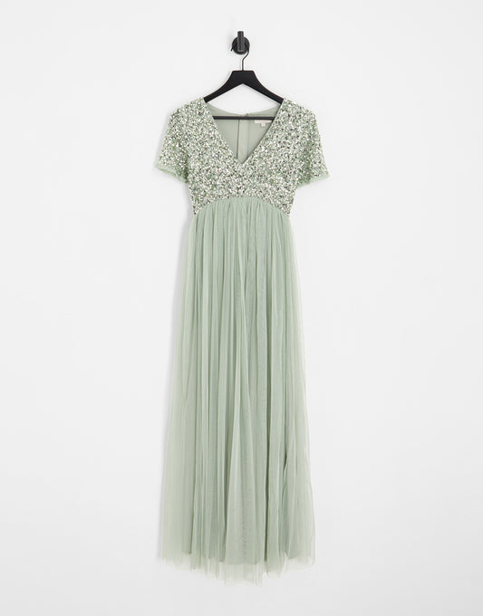 Maya Maternity Bridesmaid short sleeve maxi tulle dress with tonal delicate sequins in sage green