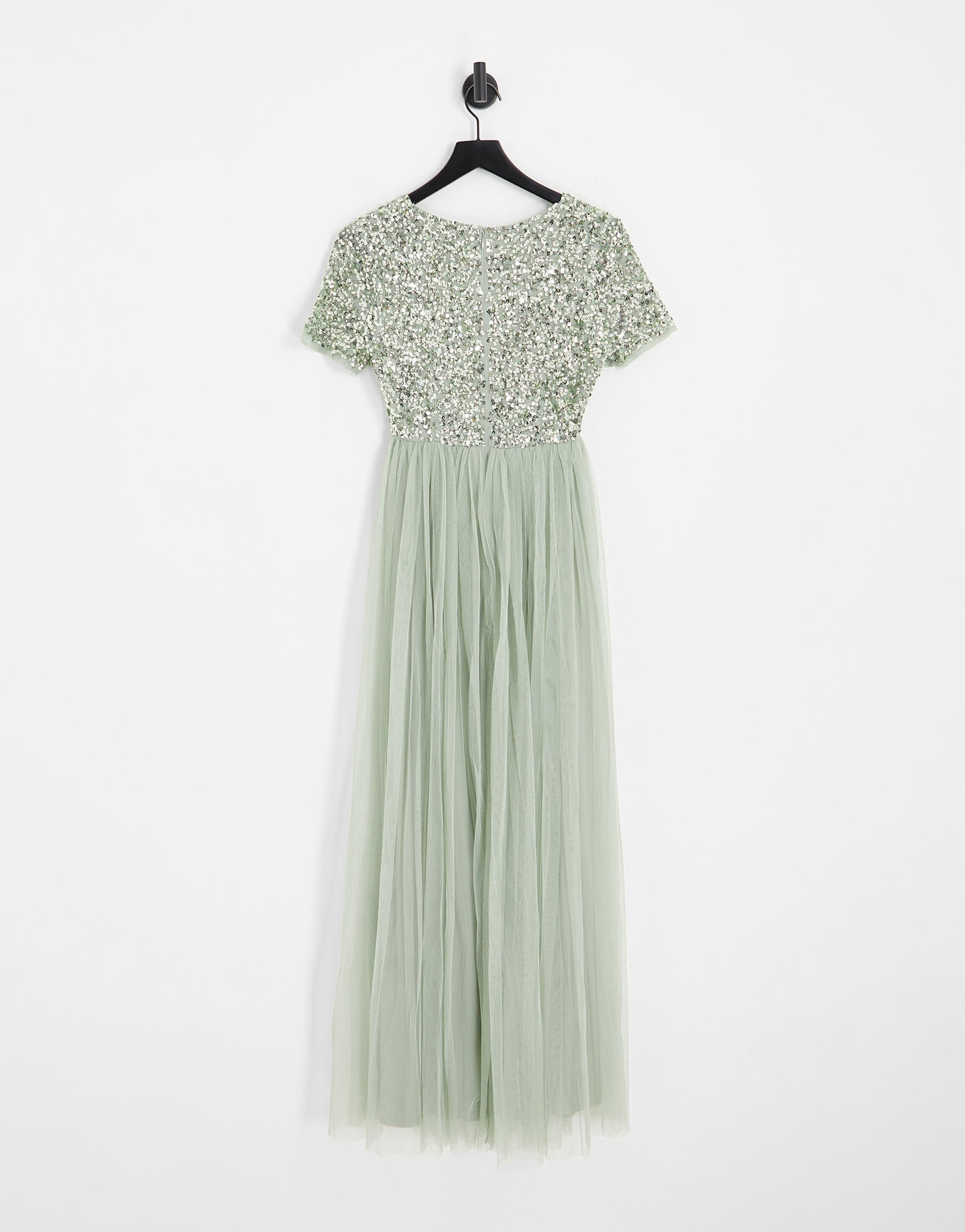 Maya Maternity Bridesmaid short sleeve maxi tulle dress with tonal delicate sequins in sage green