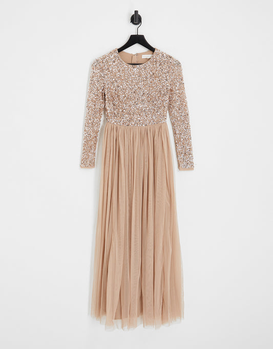 Maya Petite Bridesmaid long sleeve maxi dress with delicate sequin in muted blush