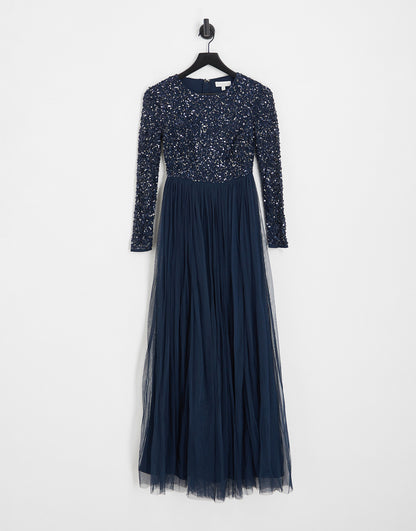 Maya Petite Bridesmaid long sleeve maxi tulle dress with tonal delicate sequin in navy