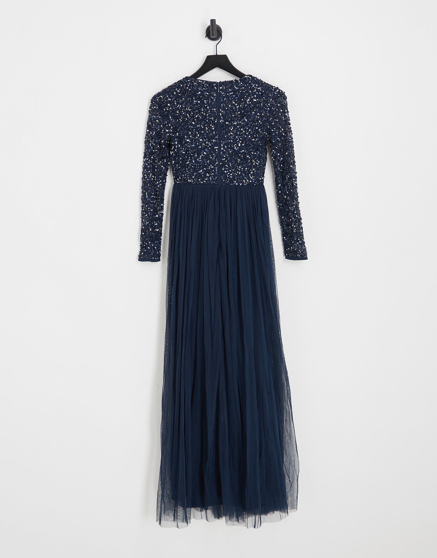 Maya Petite Bridesmaid long sleeve maxi tulle dress with tonal delicate sequin in navy