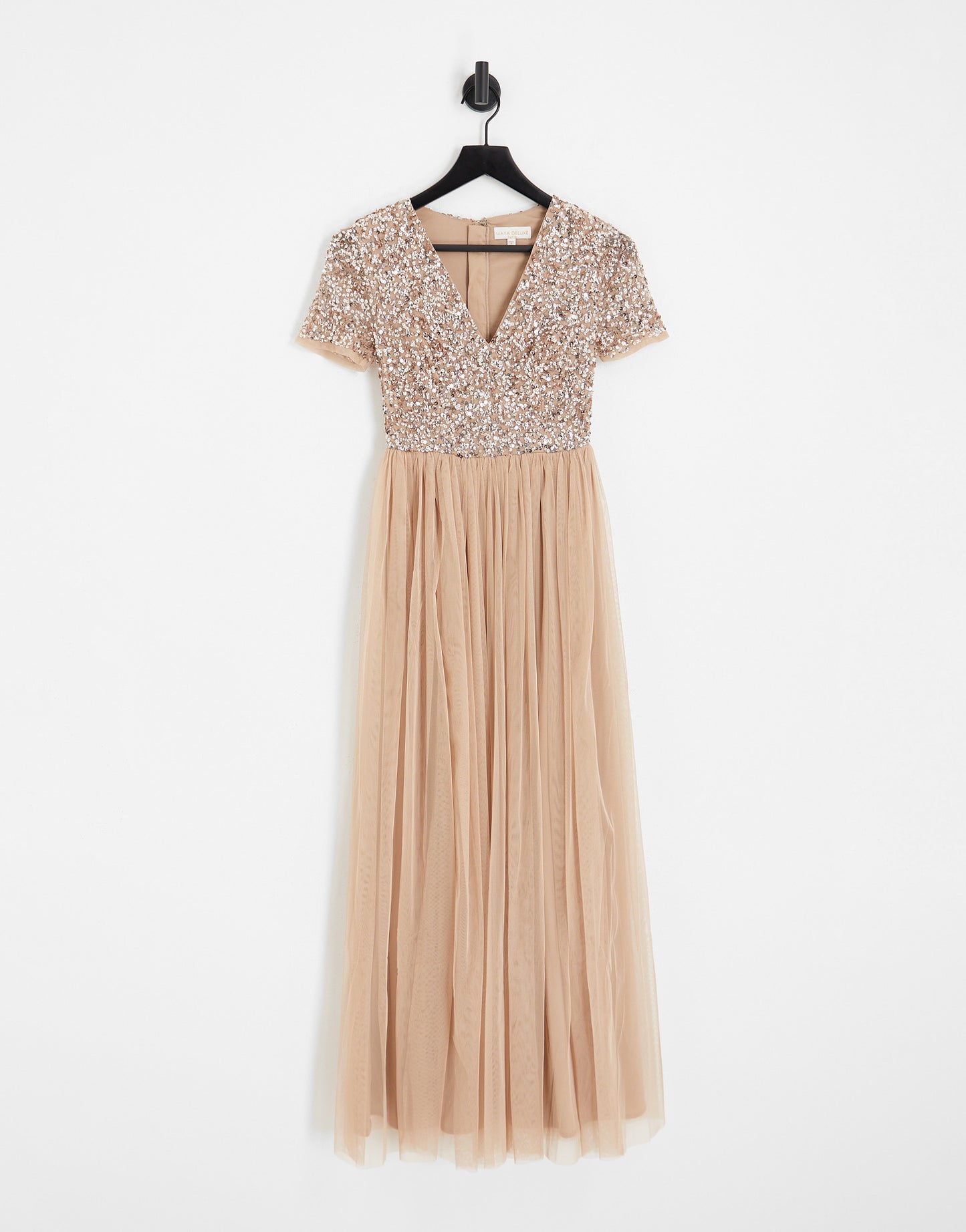 Maya Petite Bridesmaid short sleeve maxi tulle dress with tonal delicate sequins in muted blush