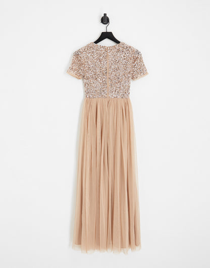 Maya Petite Bridesmaid short sleeve maxi tulle dress with tonal delicate sequins in muted blush